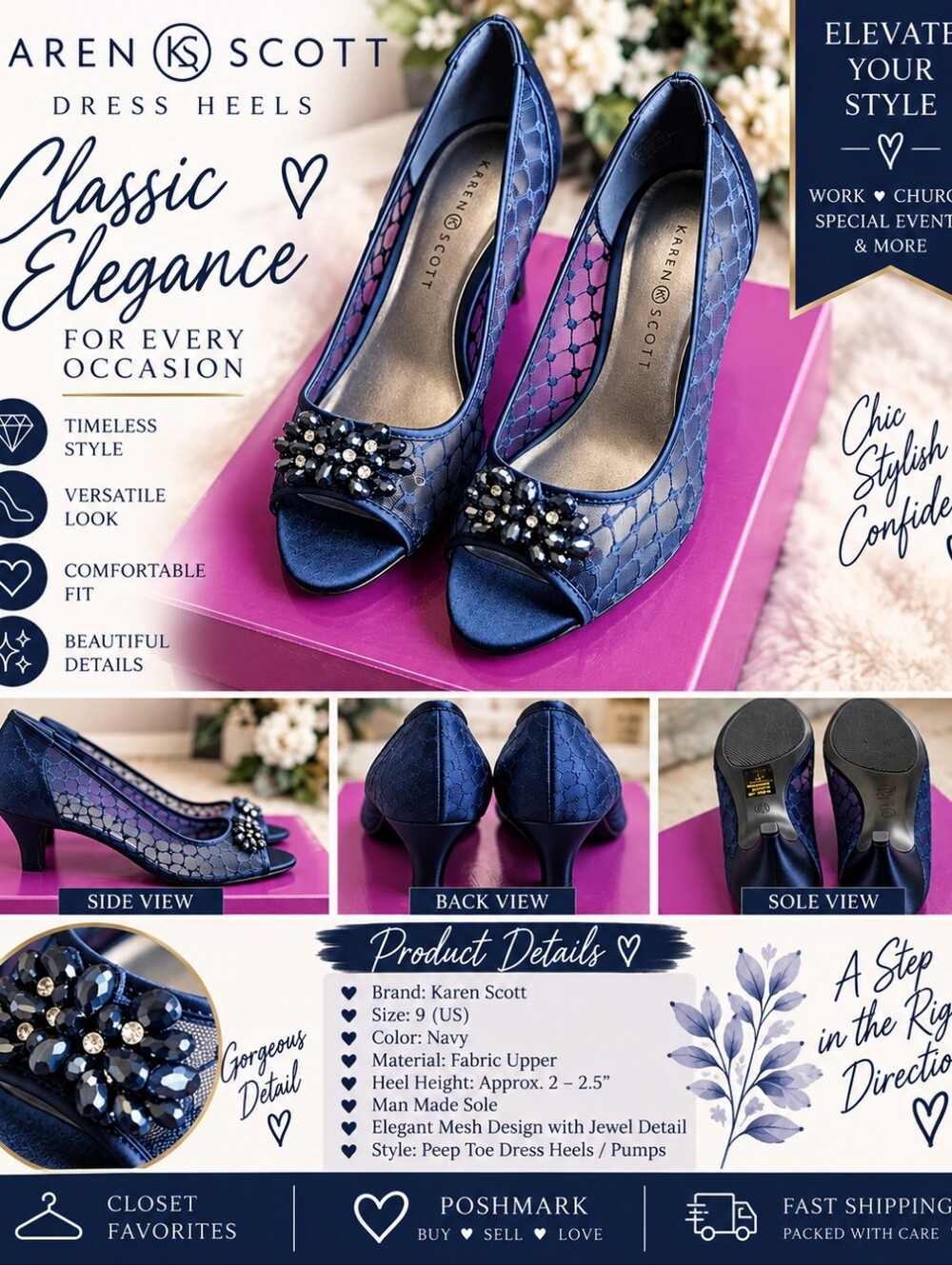 Karen Scott Navy Peep-Toe Heels with Crystal Accent